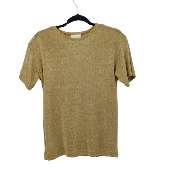 Tops - Vtg Gold Metallic Ribbed Knit Short Sleeve Top Sz S Layering Glam Cocktail